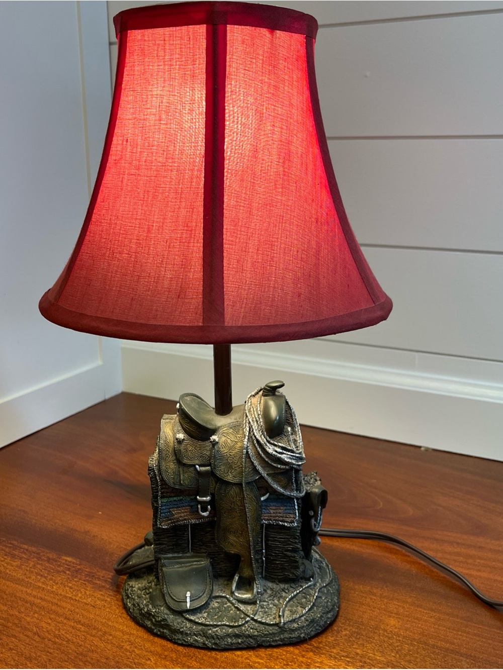 Equestrian Saddle Accent Table Lamp with Red Shade
